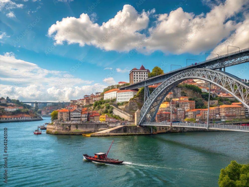 Obraz premium Dom Luis Bridge Stretching Over The Douro River Amid Bright Skies And Colorful Homes