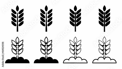 Eight wheat stalks arranged in two rows showing different levels of detail and completeness |  editable eps vectors silhouette