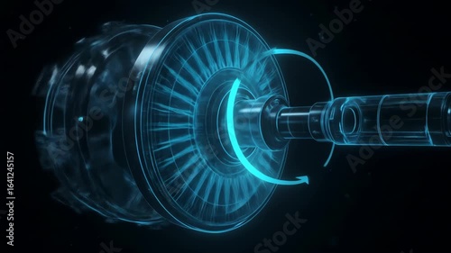 Rotating Turbine Engine Animation with Blue Arrows and Wireframe Design