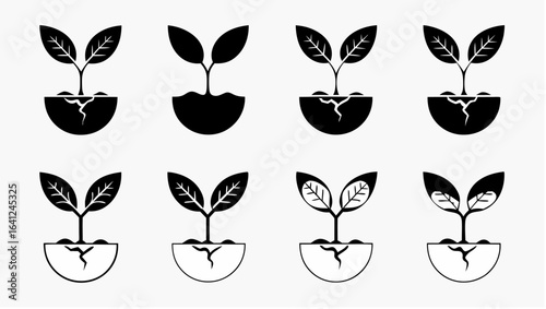 Collection of eight plant seedlings in pots with varying styles and details on a white background image |  editable eps vectors silhouette