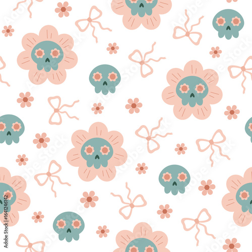 Coquette Halloween floral skulls, flowers and bows seamless pattern. Kawaii Spooky Halloween repeating background