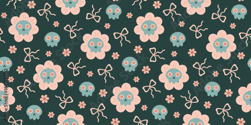 Coquette Halloween floral skulls, flowers and bows seamless pattern. Kawaii Spooky Halloween repeating background