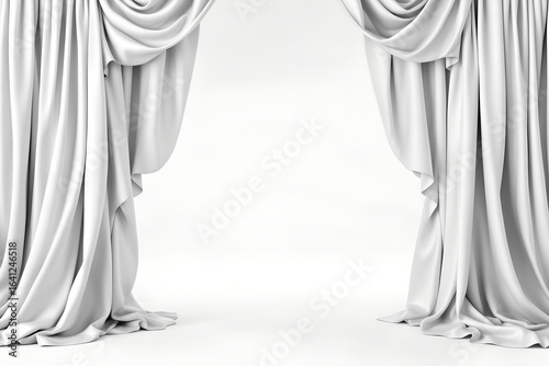 Two elegant white draped curtains parted on a clean white background drapes fabric