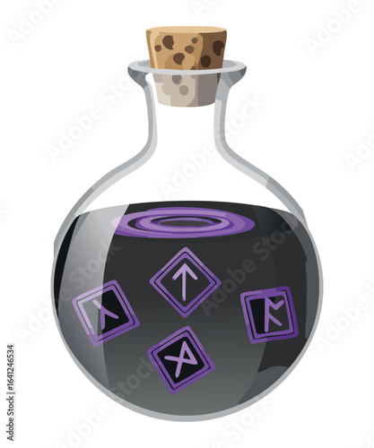 Illustration of a magical potion bottle with ancient runes inside