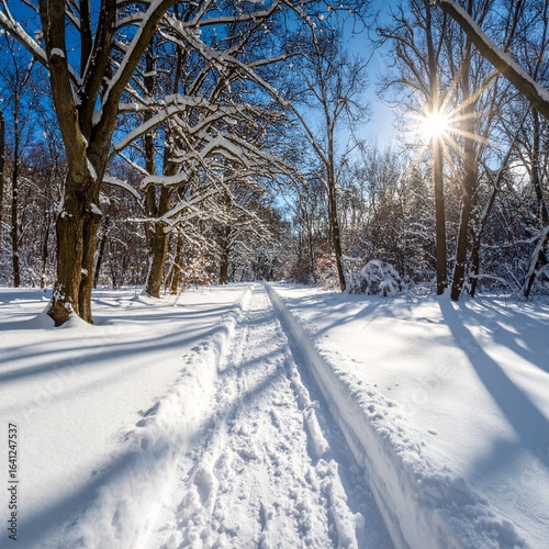 제목: The Energy of a Winter Path

설명: A square frame that captures the lively and energetic feeling of a winter forest path bathed in direct, clear sunlight.