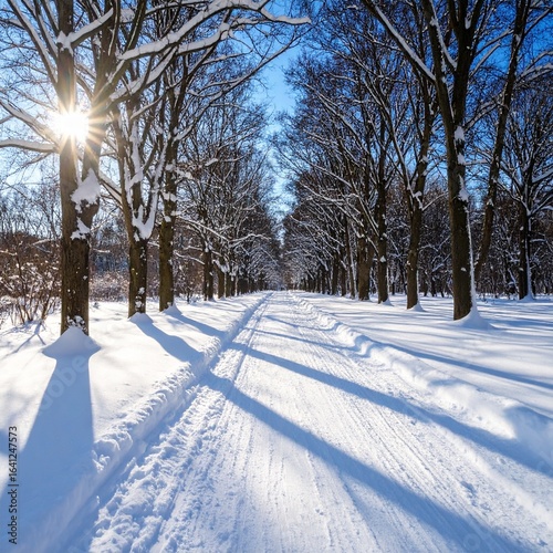 제목: Balanced Light on a Sparkling Trail

설명: A harmonious square image showcasing the balance of vibrant life and strong light along an inviting forest path in winter.