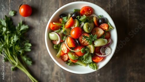 A fresh vegetable salad in a white bowl, garnished with herbs and captured from a top-down view.