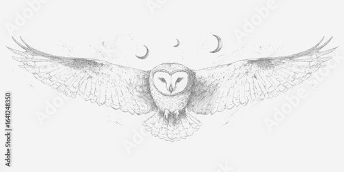 Flying owl and stars. Isolated shape with grainy threshold texture, ink splatter. Gritty noise and faded paper tones.