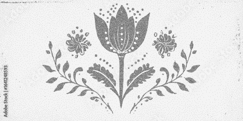 Ethnic pattern with flowers. Simple form with gravel texture and handdrawn irregularities. Subtle threshold and dust grain, photocopied.