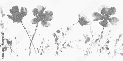 Floral print. Abstract ink shape with grain overlay, gritty threshold edge and faded stipple texture. Dust scratches and paper speckle.