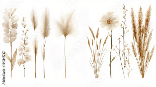 Collection of delicate dried flowers, pampas grass, and wheat stems painted in soft beige watercolor tones, isolated on white, generative AI