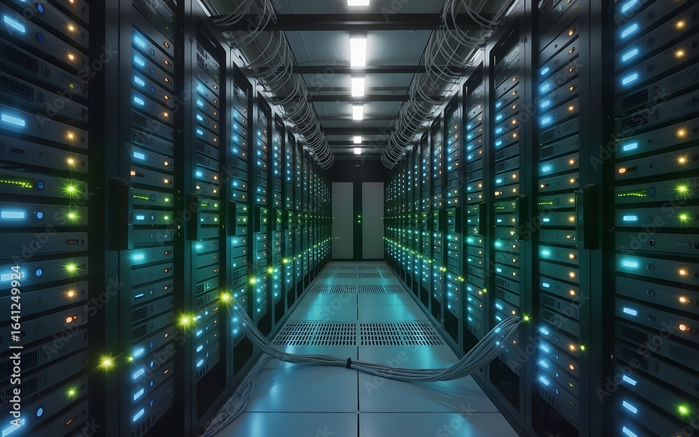 Obraz premium Modern server room with glowing lights and data racks