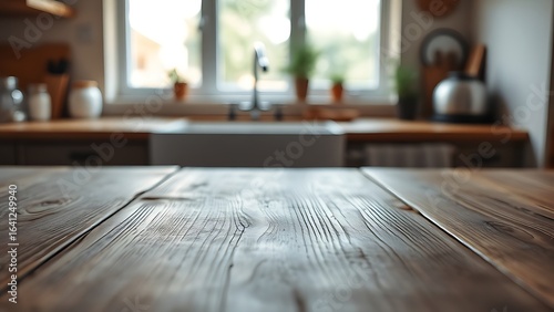 A wooden table surface with subtle texture and a softly focused kitchen window in the background.