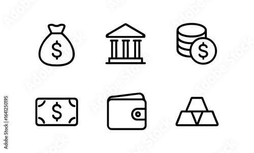 Minimalist finance icons set: money, bank, wallet, coins, gold bars, cash bag