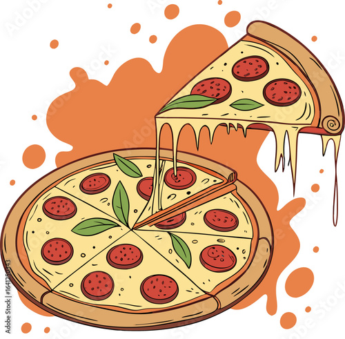 Top-down vector of freshly baked cheese pizza with golden crust, cut into six slices, isolated with shadow for realistic appearance.