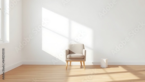 Minimalist living room corner featuring a single armchair, embodying simplicity and calm.