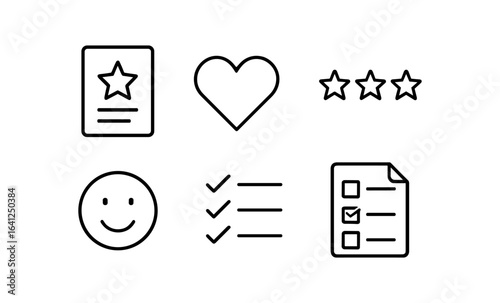 Simple line icons for rating and feedback with stars, heart, and checklist