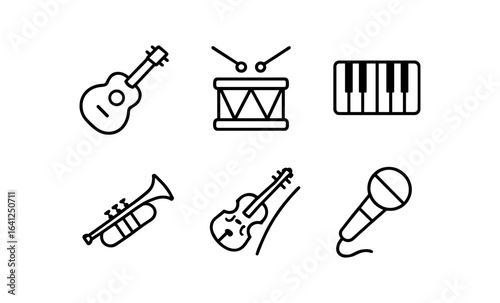 Minimalist music instrument icons set in linear style for musicians and creatives