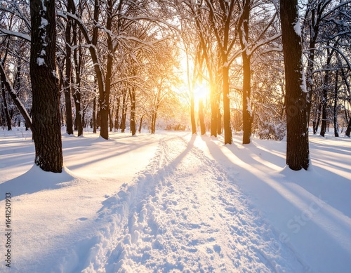 제목: Soft Afternoon Glow on the Trail

설명: The peaceful beauty of a winter forest path as the low-angle sun casts a cool, pale golden glow on the snow and bare branches.