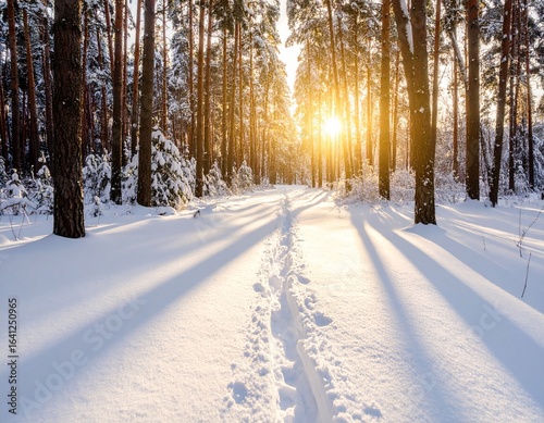 제목: Golden Hour on a Winter Path

설명: A stunning 4:3 shot capturing the cold, nostalgic light of the golden hour on a serene winter forest path, with long shadows stretching across the ground.