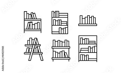 Minimalist bookshelf icons set showcasing various shapes and arrangements in black outlines