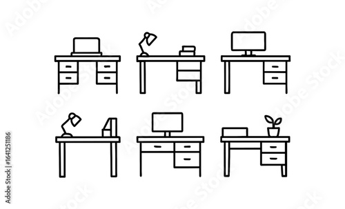Minimalist office desks with computers and accessories in a linear style