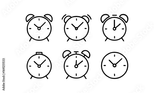 Minimalist line art clock collection featuring six unique alarm clock designs
