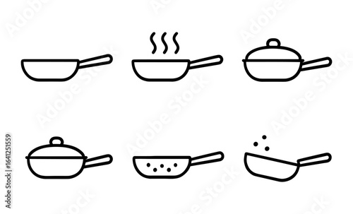 Simple line icons of cooking pans and frying pans for kitchen designs