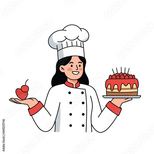 Culinary Craftsmanship: A culinary artist, attired in a pristine chef's ensemble, showcases a meticulously crafted pastry masterpiece, with artful embellishments of vibrant red cherries
