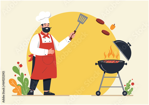 Culinary Maestro at the Grill: A cheerful chef, masterfully wielding a spatula over a sizzling grill, embodying the joy of outdoor cooking and culinary expertise. The scene is vibrant and inviting.