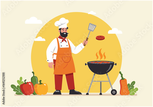 Chef at a BBQ: A jovial chef, fully attired in a chef's hat and apron, passionately grills food on a barbecue, surrounded by fresh ingredients and vibrant flames. 