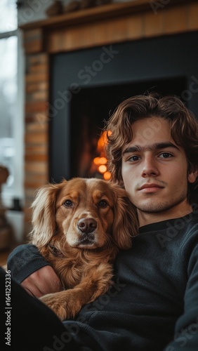 Cozy Fireplace, Man and Dog