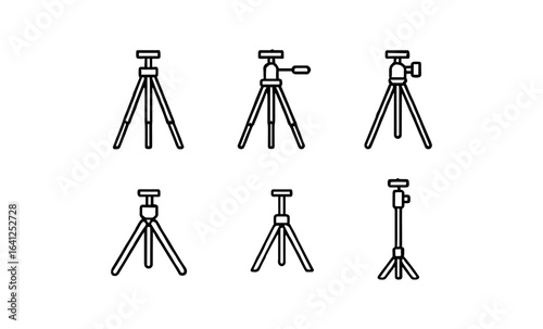 Minimalist linear tripod icons set for photography and videography