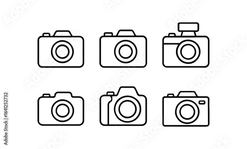 Collection of camera icons in minimalist black line art style for photography design