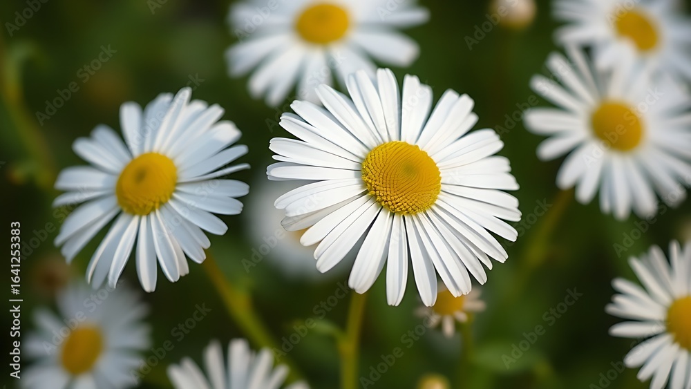 Fototapeta premium Close-up of fresh daisies with a soft green backdrop, natural light enhancing their delicate beauty.