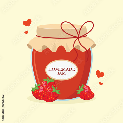 A vintage style jar of homemade strawberry jam with a fabric covered lid and tied into a bow with string, with a few strawberries lying next to it. Sweet dessert food vector illustration.