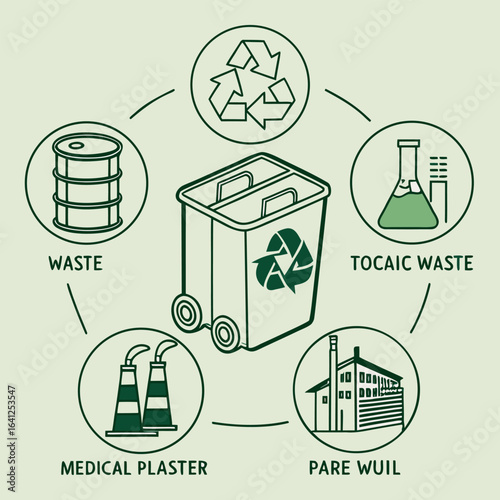 Visual Representation of Waste Segregation for Different Waste Streams with Recycling Symbolism and Waste Bin Illustration in the Center