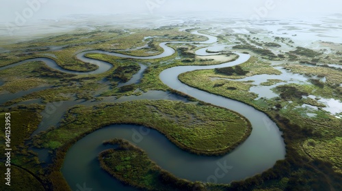 Aerial view of a winding river flowing through lush green wetlands, showcasing the intricate patterns of nature and the diverse ecosystem present.