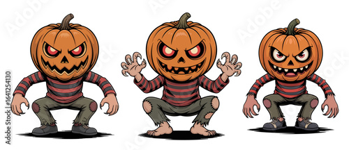 Spooky pumpkin-headed character with a scary face and evil glowing eyes ready for Halloween season