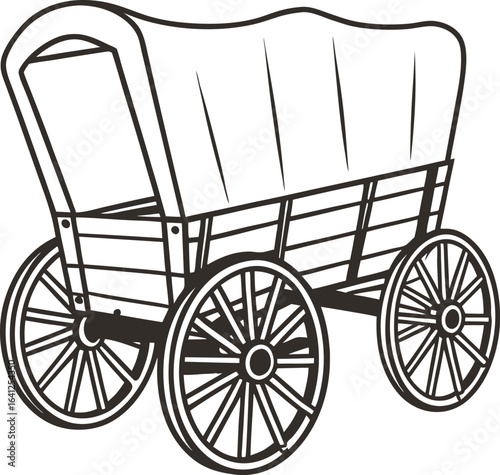 Classic covered wagon illustration with large wooden wheels frontier transportation, vintage pioneer cart design element