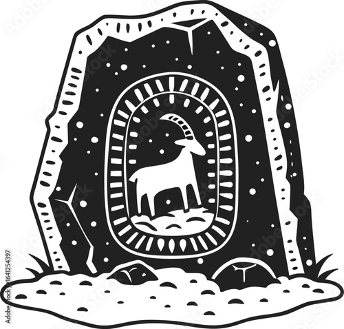 Ancient animal petroglyph carved in stone prehistoric ibex rock art, archaeological artifact, tribal primitive engraving