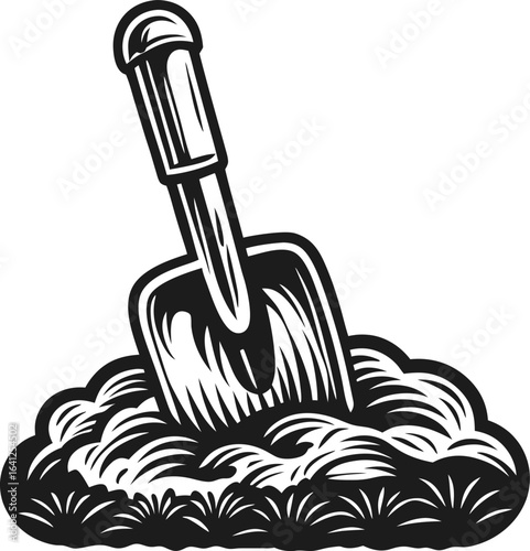 Garden trowel stuck in soil hand tool for digging, planting, and gardening, used for landscaping and cultivating earth