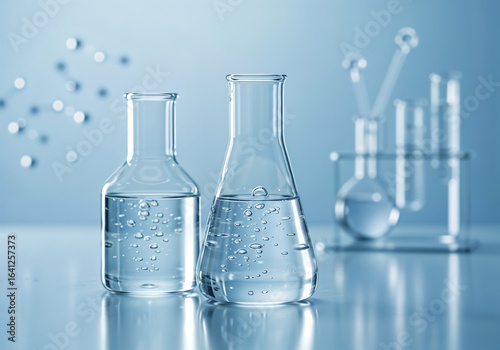 Scientific laboratory glassware with molecular structure illustrations representing cosmetic formulation and chemical research