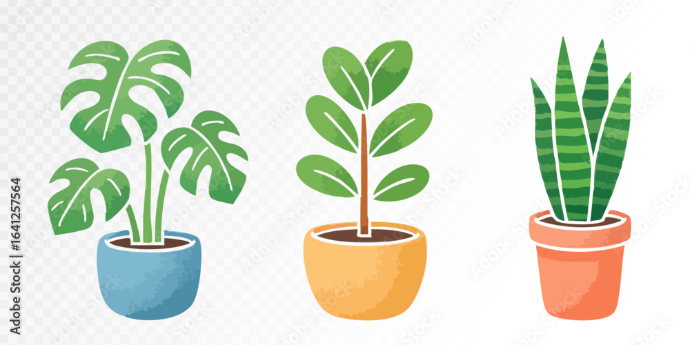 Fototapeta premium Set of decorative potted plants in stylish containers, vector illustration, watercolor — Ideal for interior and eco-friendly designs.