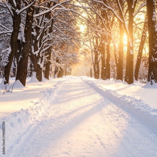 제목: Square of Golden Path Nostalgia

설명: A perfectly balanced square image of a winter forest, showcasing the cool, golden atmosphere of a path at late afternoon.