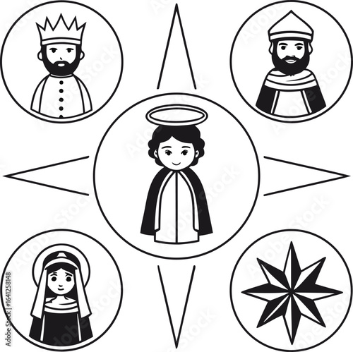 nativity, scene, christmas, story, religious, holiday, birth, jesus, christian, epiphany, manger, scene, icon, set, vector