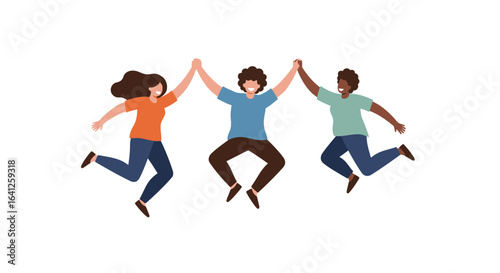 Three people jumping and holding hands