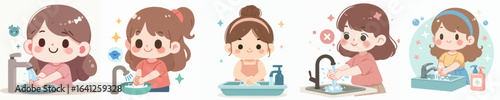 vector of a little girl washing his hands