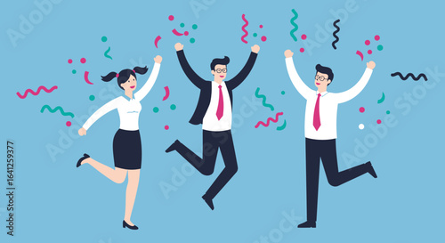 Three business professionals jumping and celebrating with confetti