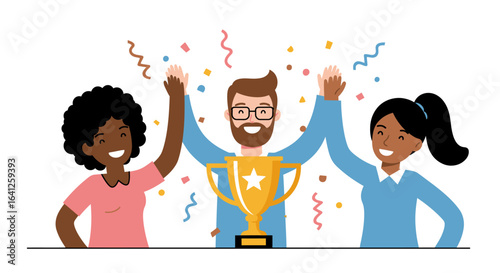 Three diverse people cheering and holding a trophy amidst confetti